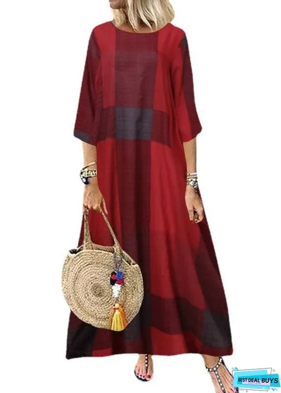 Women Black O-Neck Plaid Maxi Dresses Half Sleeve