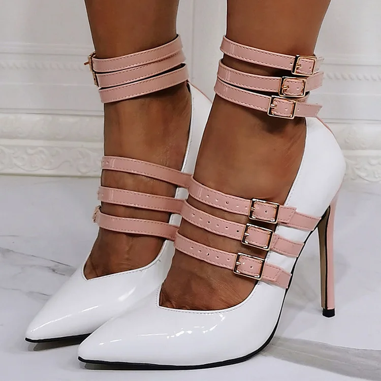 White Pointed Toe Stiletto Heels Strappy Pumps Buckle Shoes |FSJ Shoes