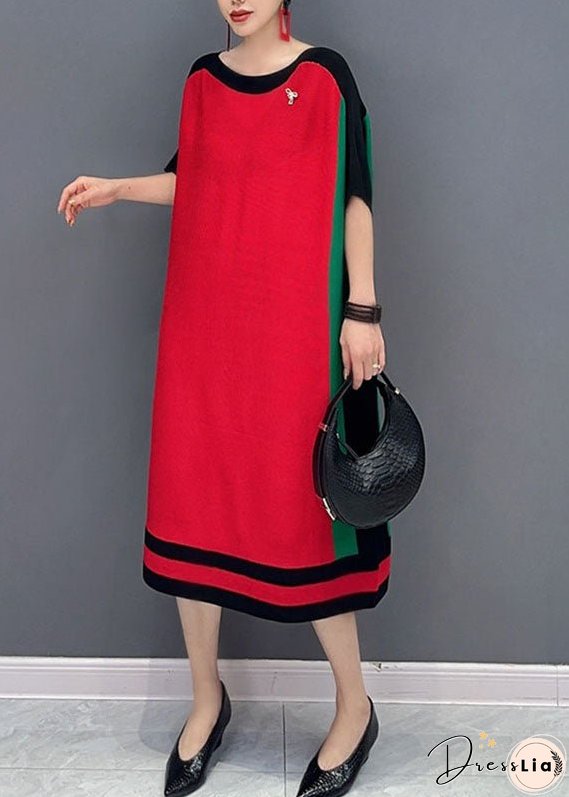 Loose Red O-Neck Knit Sweater Dresses Short Sleeve