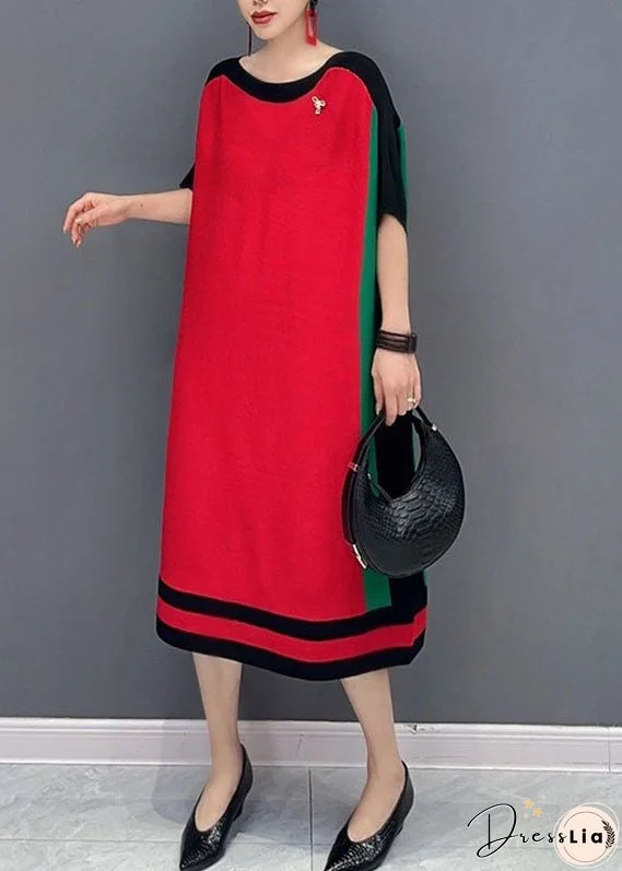 Loose Red O-Neck Knit Sweater Dresses Short Sleeve