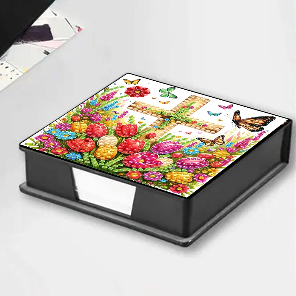 DIY Flower Cross Leather Diamond Art Note Box with 160 Sheets of Paper for Beginners