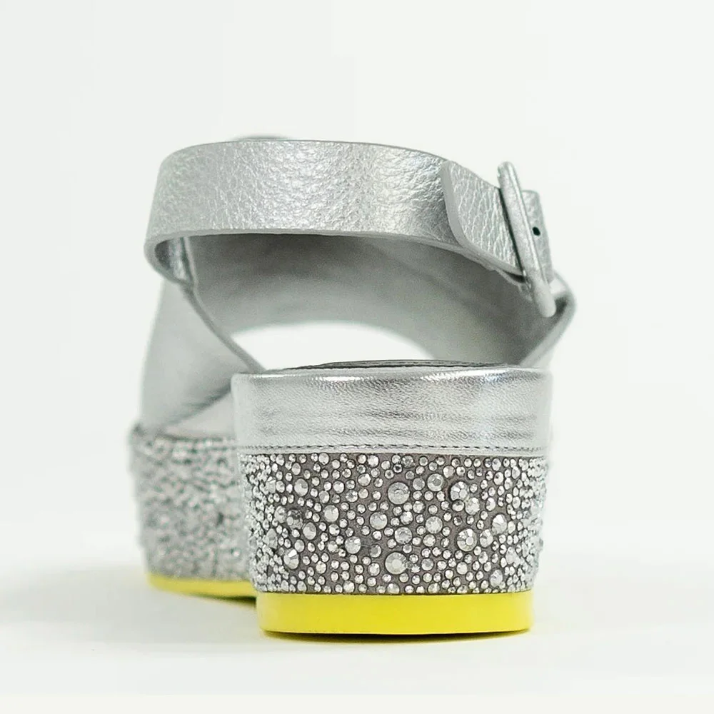 Women's Peep Toe Rhinestone Platform Wedge Heel Silver Sandals