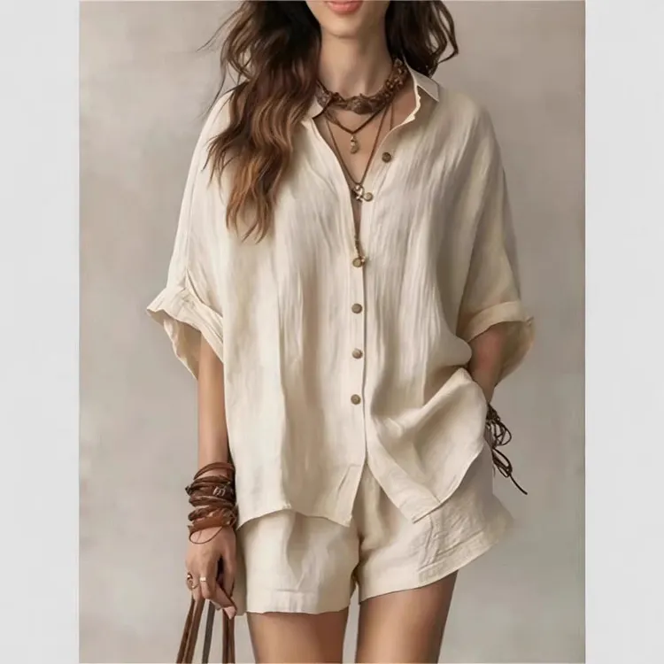 Women's Solid-Color Casual-Elegant Button-Front Shirt Two-Piece Set