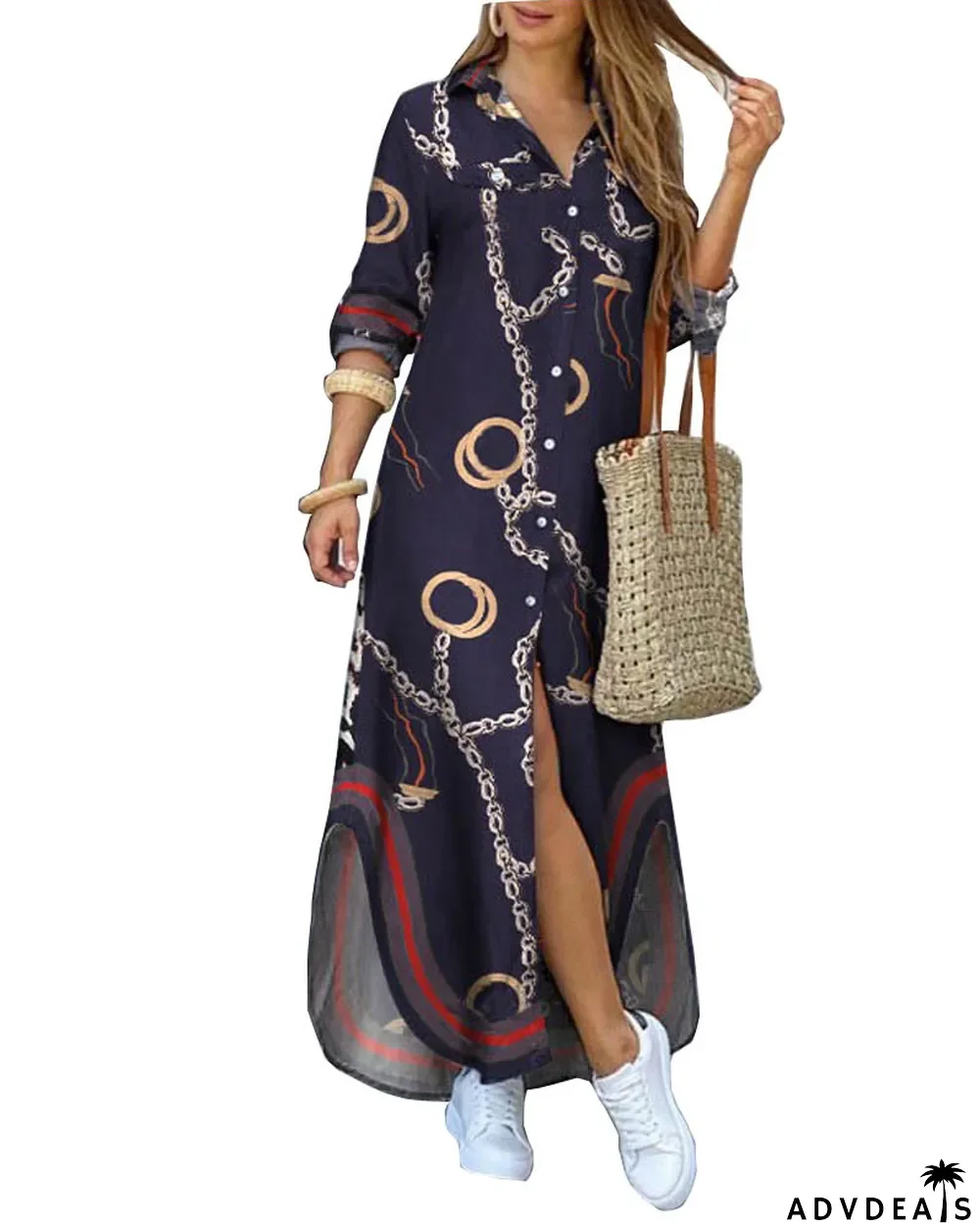 autumn and winter printed long-sleeve shirt dress