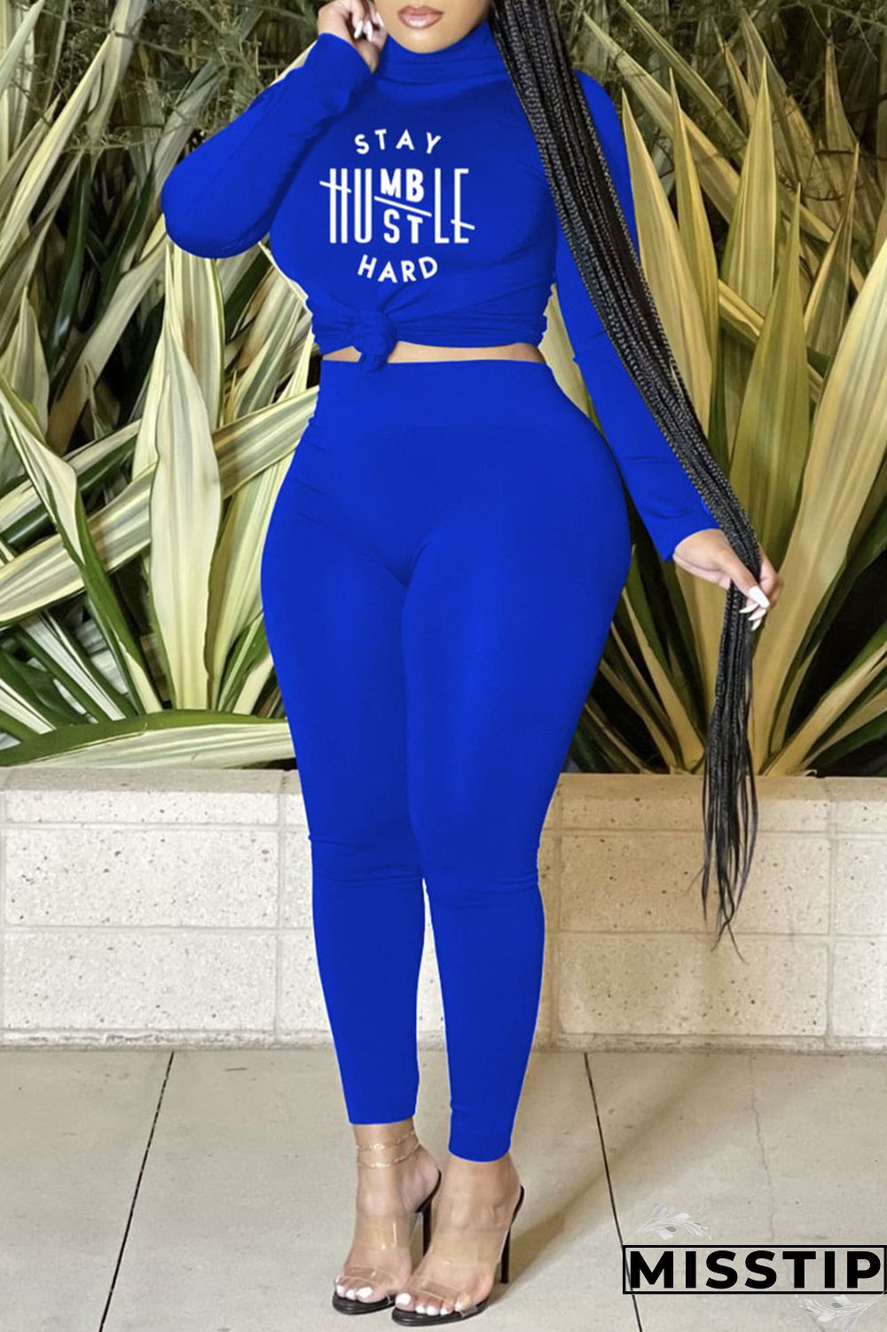 Blue Casual Sportswear Print Patchwork Turtleneck Long Sleeve Two Pieces