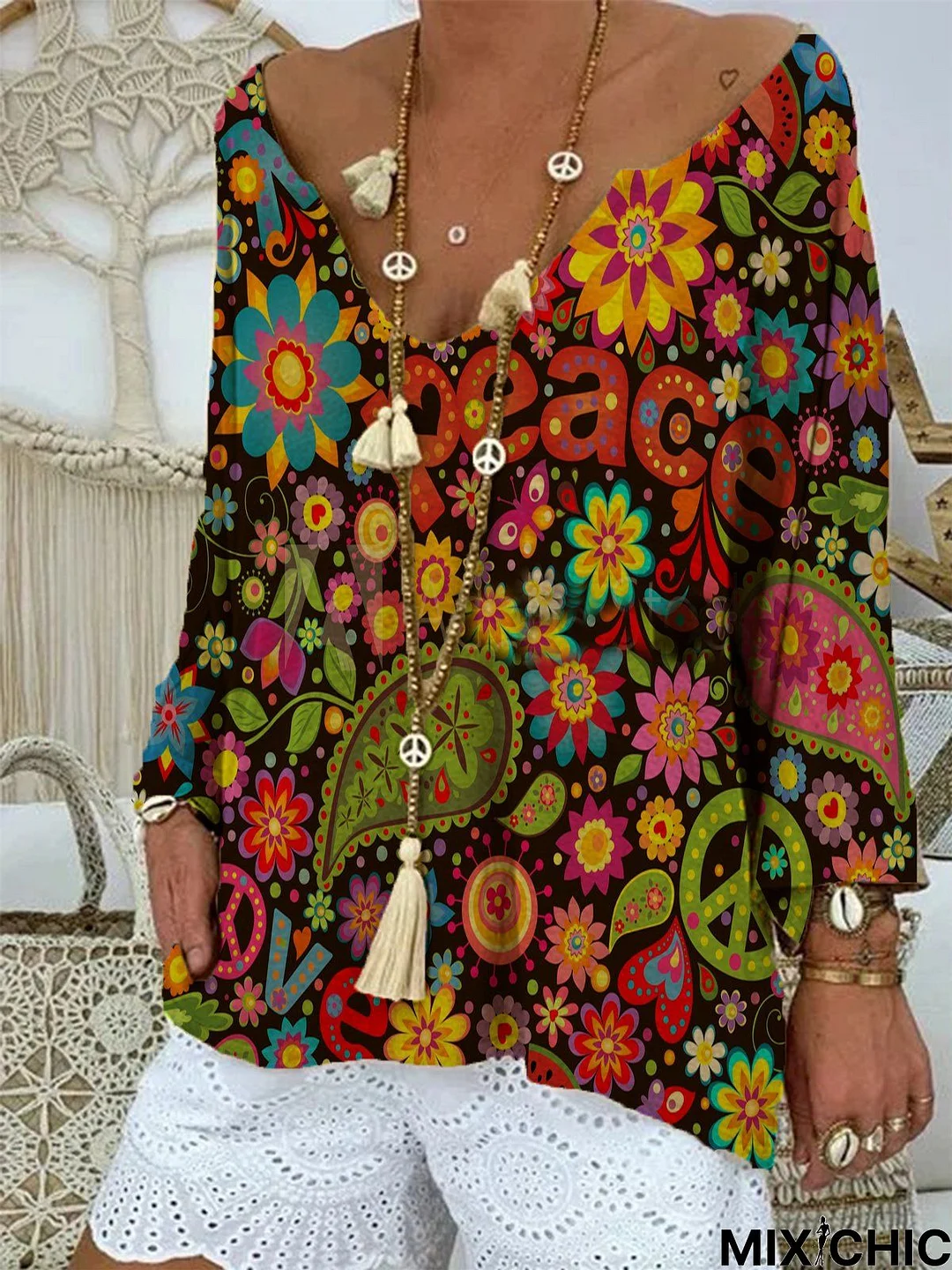 Printed Vintage Long Sleeve Tunic Top