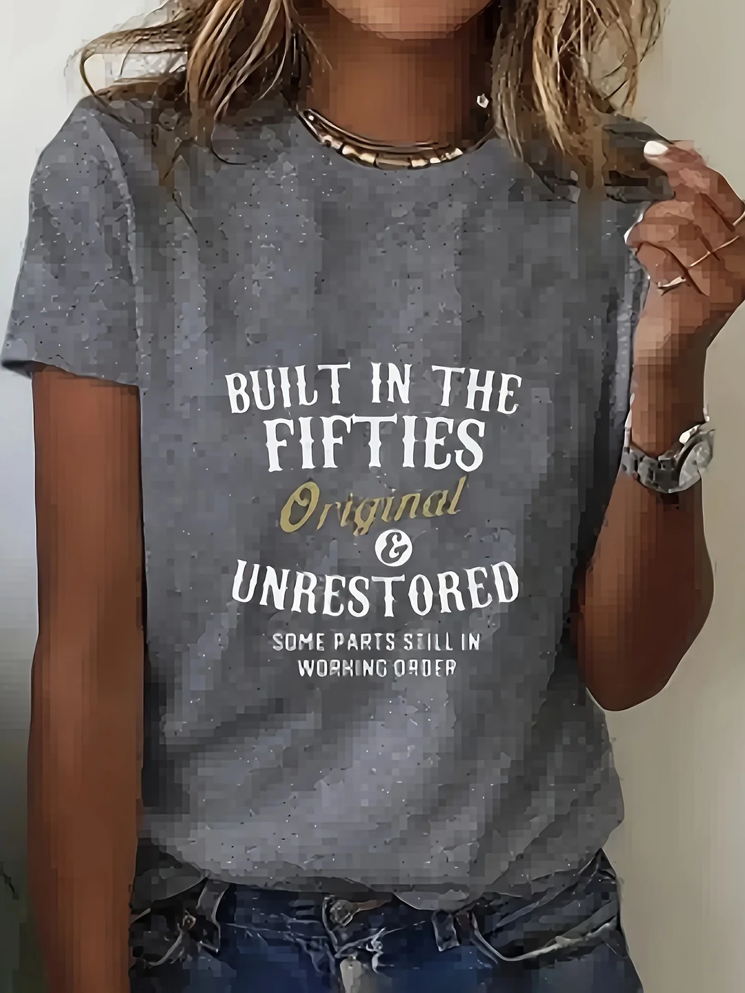 Women's Casual "Built In The Fifties" Graphic T-Shirt - Short Sleeve, Geometric Print, Polyester Blend, Round Neck, Light Gray, Spring/Summer Fashion, Pullover Style, Relaxed Fit Tee | Fifties Theme Apparel | Polyester Blend | IFYHOME