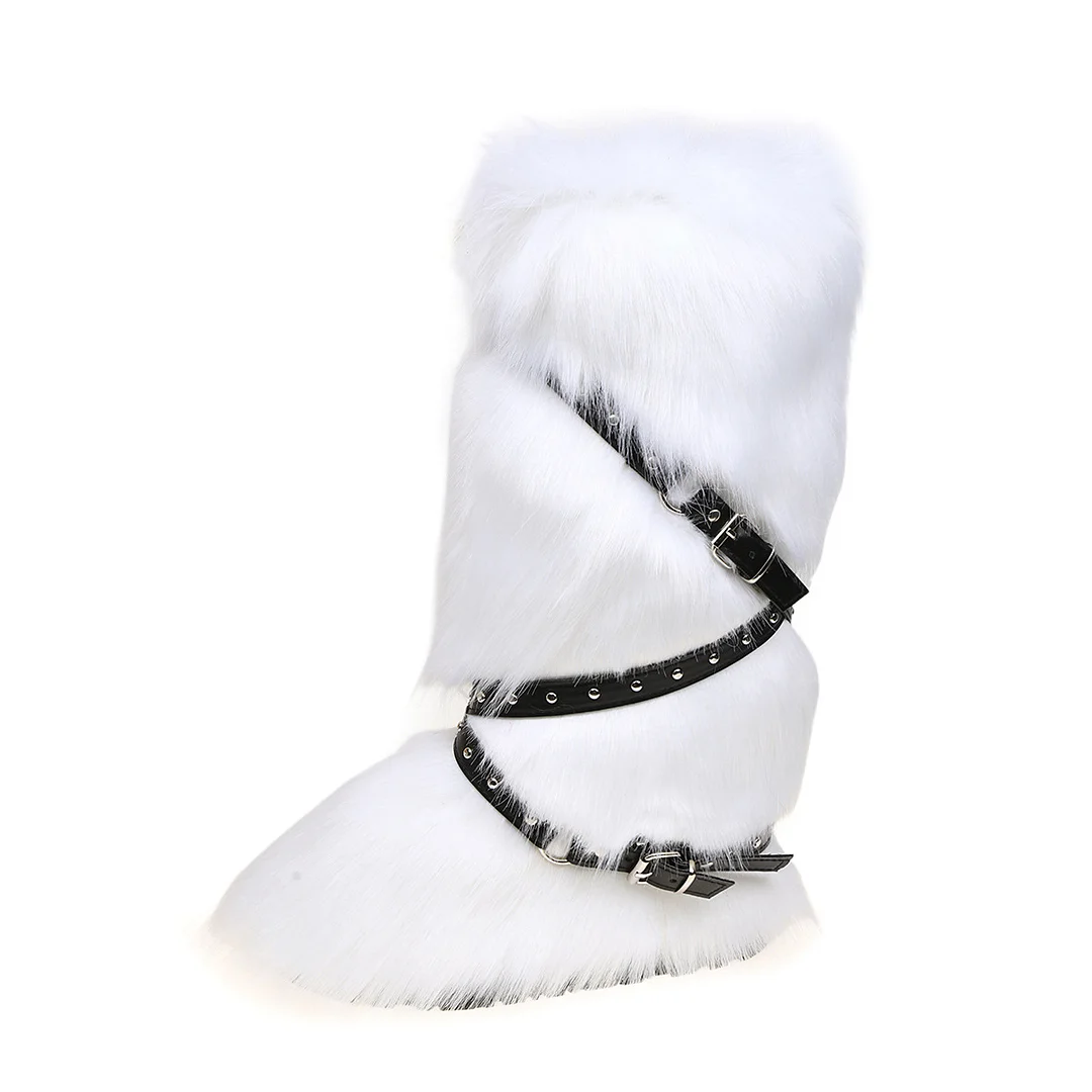 European and American Cross-border Y2K Spice Girls Sexy High Barrel Snow Boots 2024 New Cross Belt Buckle Fur Hair Boots-MERUMOTE
