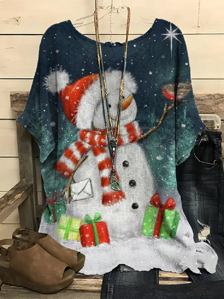 Christmas Theme Snowman Printed Round Neck Short Sleeve T-Shirt