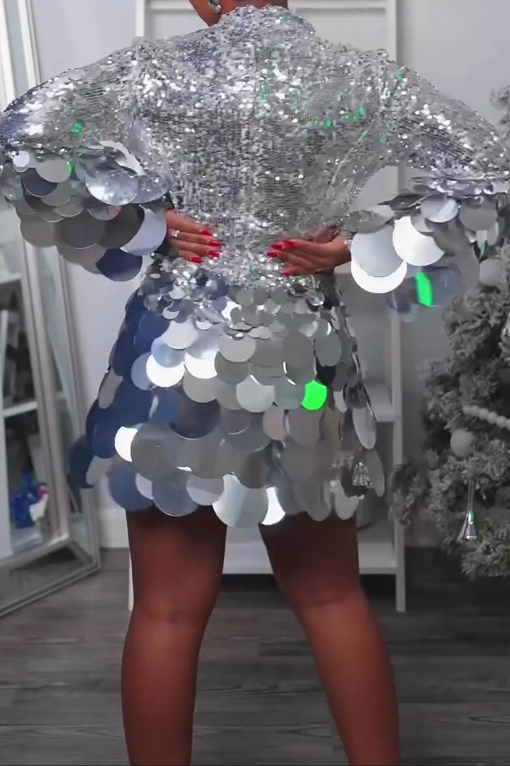 Plus Size Party Mini Dresses Elegant Silver Spring Summer Round Neck Long Sleeve Sequin Mini Dresses [Pre-Order]