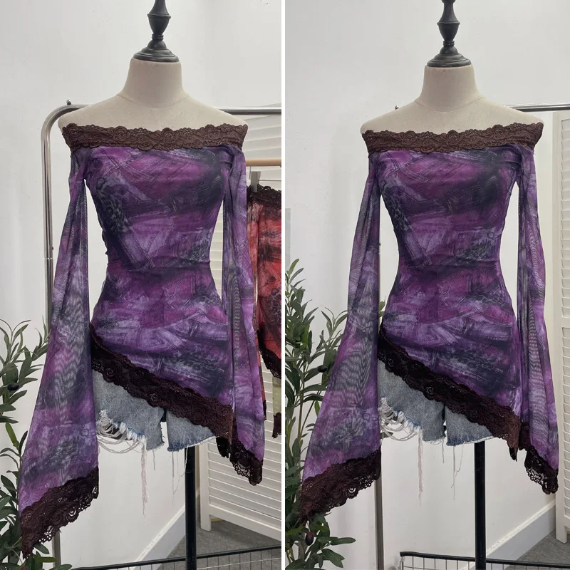 Uveng Tie-Dyed Leopard Print Lace Spliced Double-Layer Mesh Shoulder Irregular Loudspeaker Top 9912