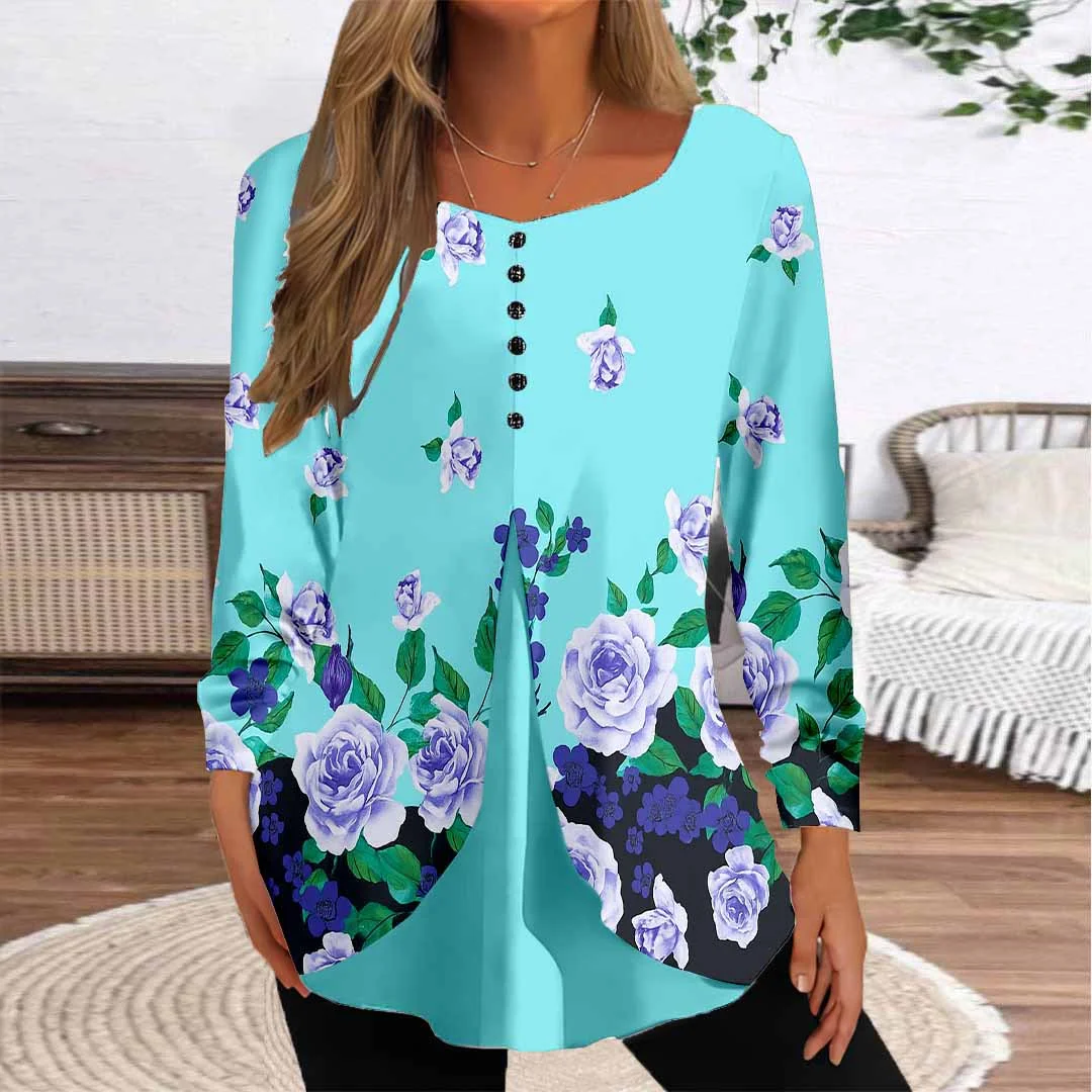 Women Floral,Blue DZGG8303 Long Sleeve Scoop Neck Printed Graphic Button Fake 2in1 Tops
