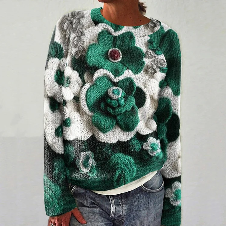 3d Floral Painting Art Print Knitted Crew Neck Pullover Cozy Sweater