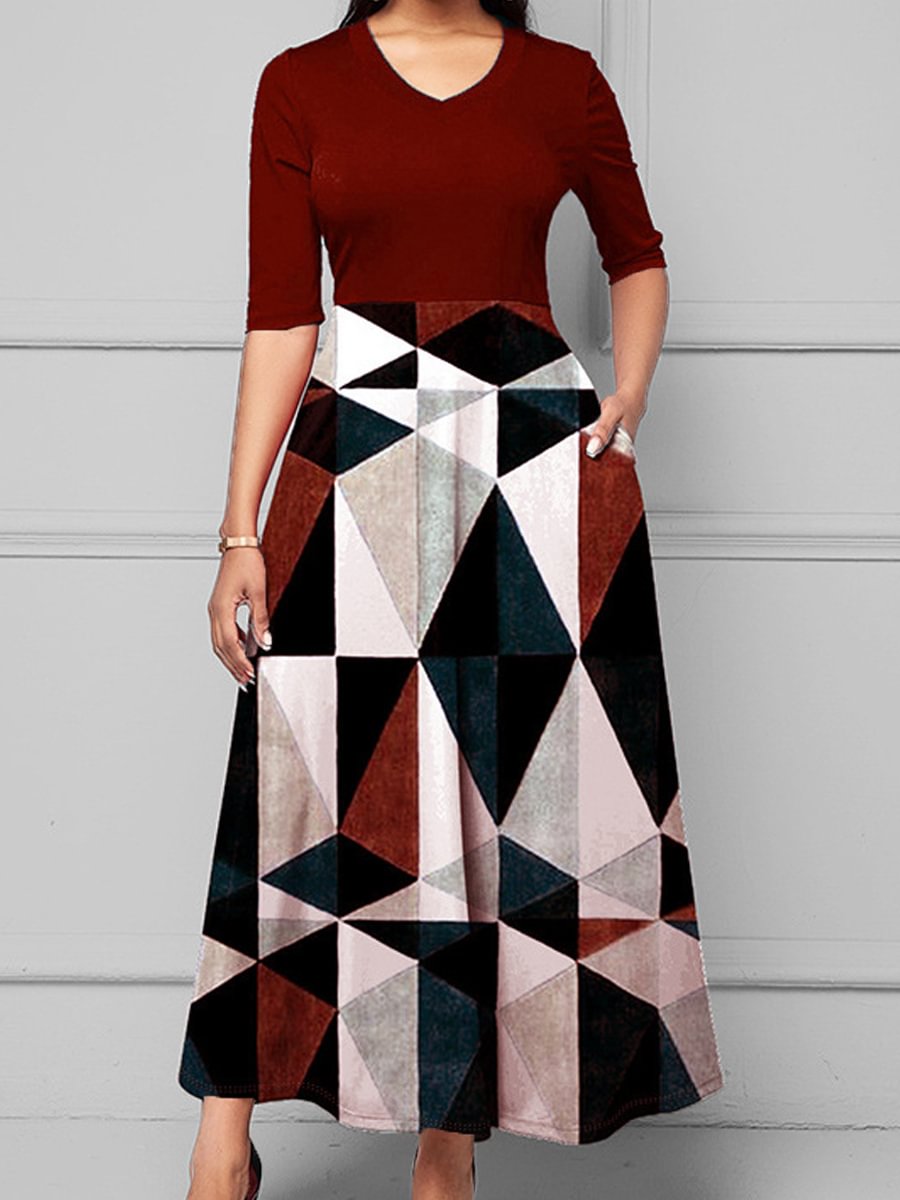 Geometric Print V-neck Slim-fit Half Sleeve Dress