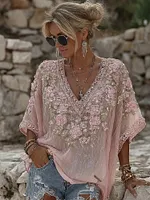 Bohemian Retro Pink Floral Pattern Women's Short-sleeve Top