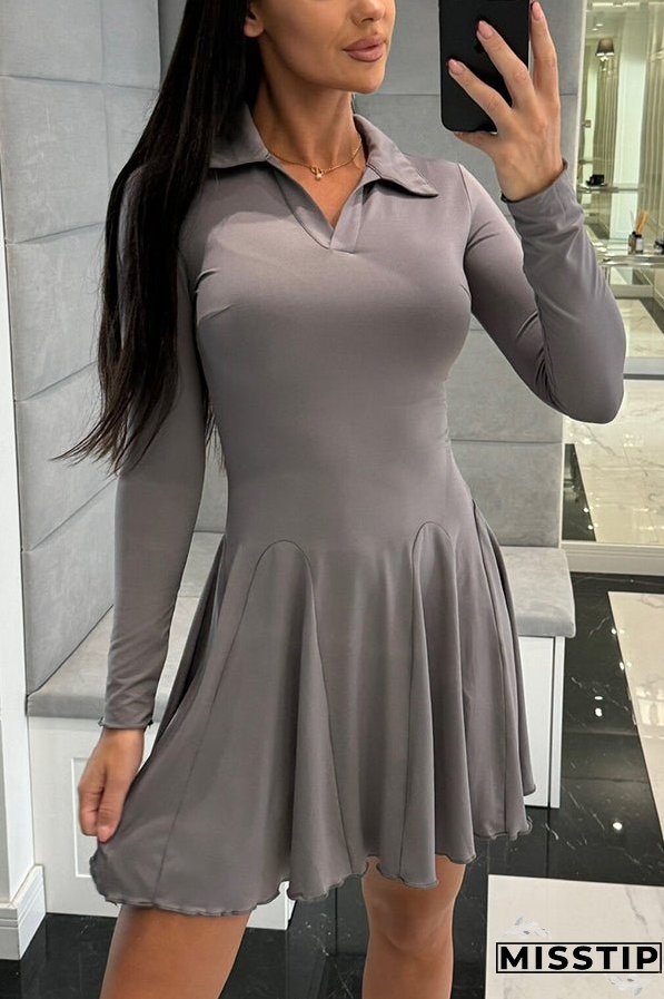 Solid Color Lapel Long Sleeve Slim Fit Waist Mini Dress