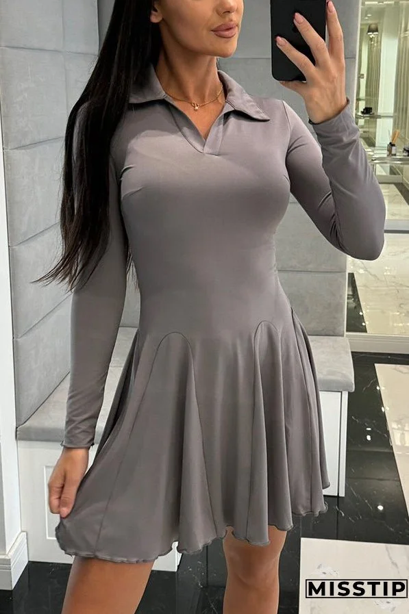 Solid Color Lapel Long Sleeve Slim Fit Waist Mini Dress
