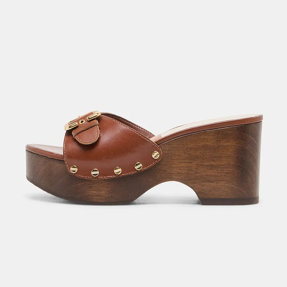 Brown Vegan Leather Open-Toe Buckle Decor Platform Mules with Studs