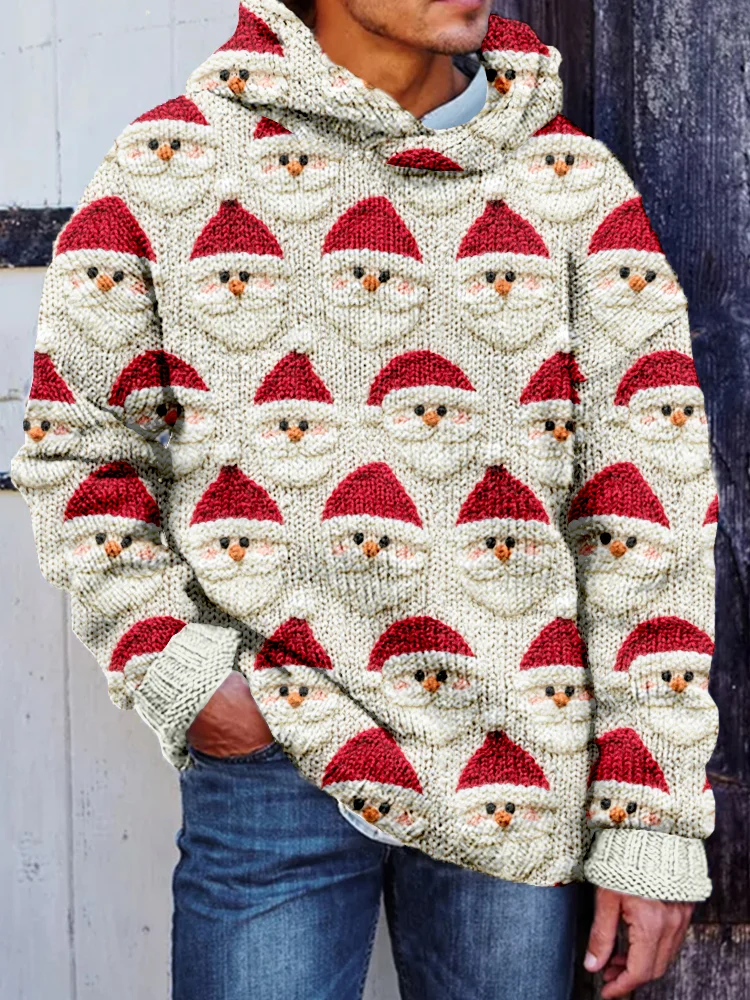 Men's Vintage Christmas Santa Claus Embroidery Cozy Hooded Sweater