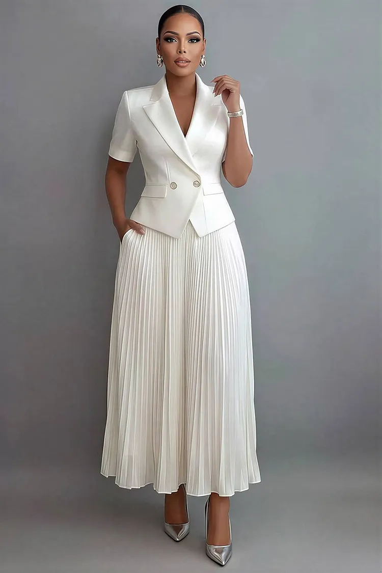Xpluswear Design Plus Size Formal Chiffon White Turndown Collar Short Sleeve Pleated Pocket Satin Two Piece Skirt Sets [Pre-Order] 2024 - Xpluswear