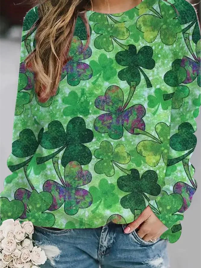 Women's Long Sleeve Scoop Neck Four Leaf Clover Printed Graphic Tops
