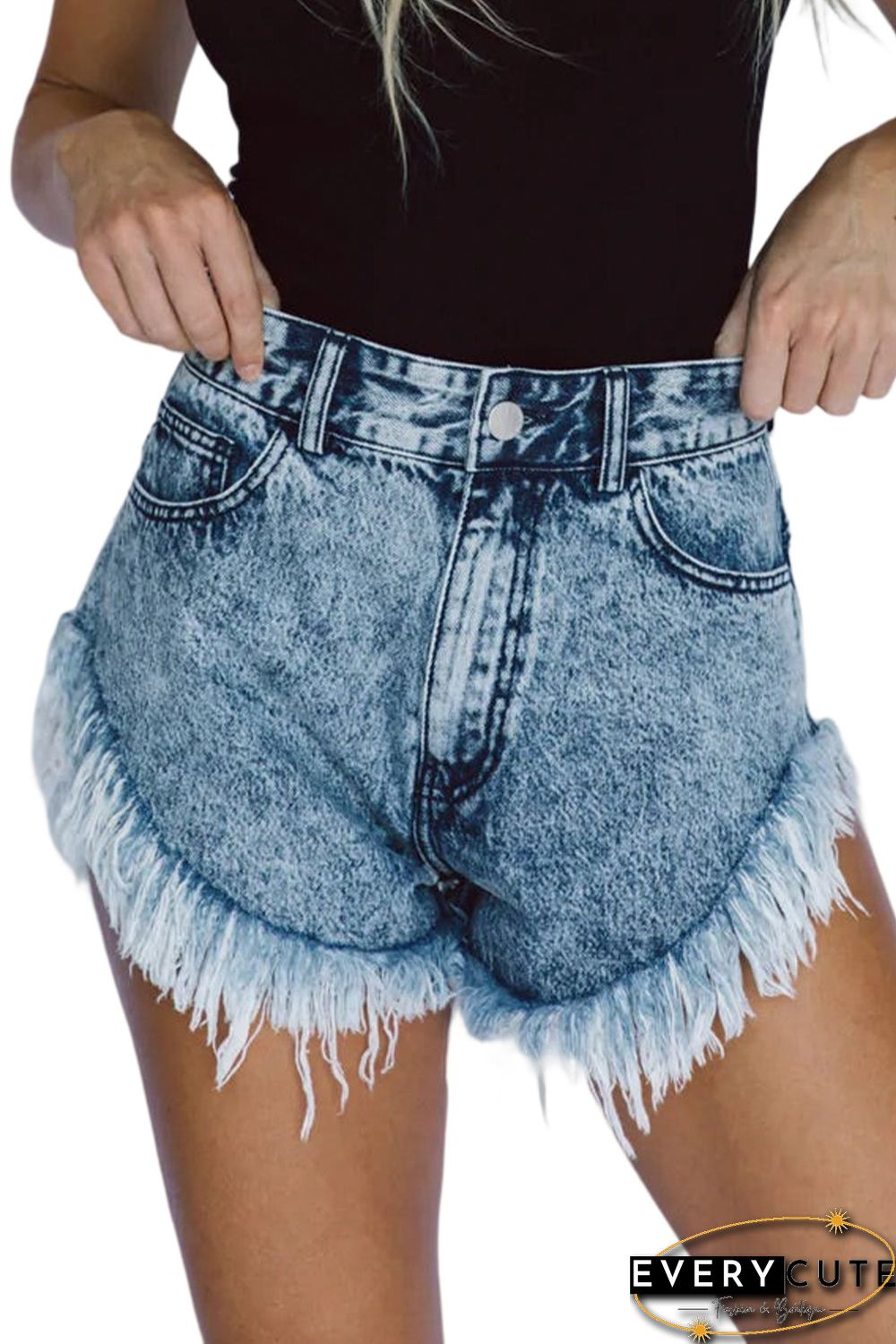 Sky Blue Dark Acid Wash Raw Hem Jean Shorts
