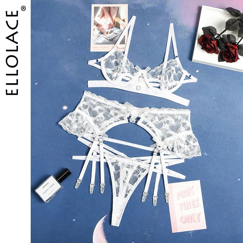 Ellolace Exotic Lingerie 3-Piece Sets Hollow Out Love Embroidery Bra Set Ruffled Garters Sexy Lace White Sensual Underwear