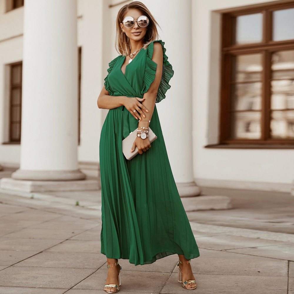 Women's Elegant Pleated Ruffle Sleeves Maxi Dress | ARKGET