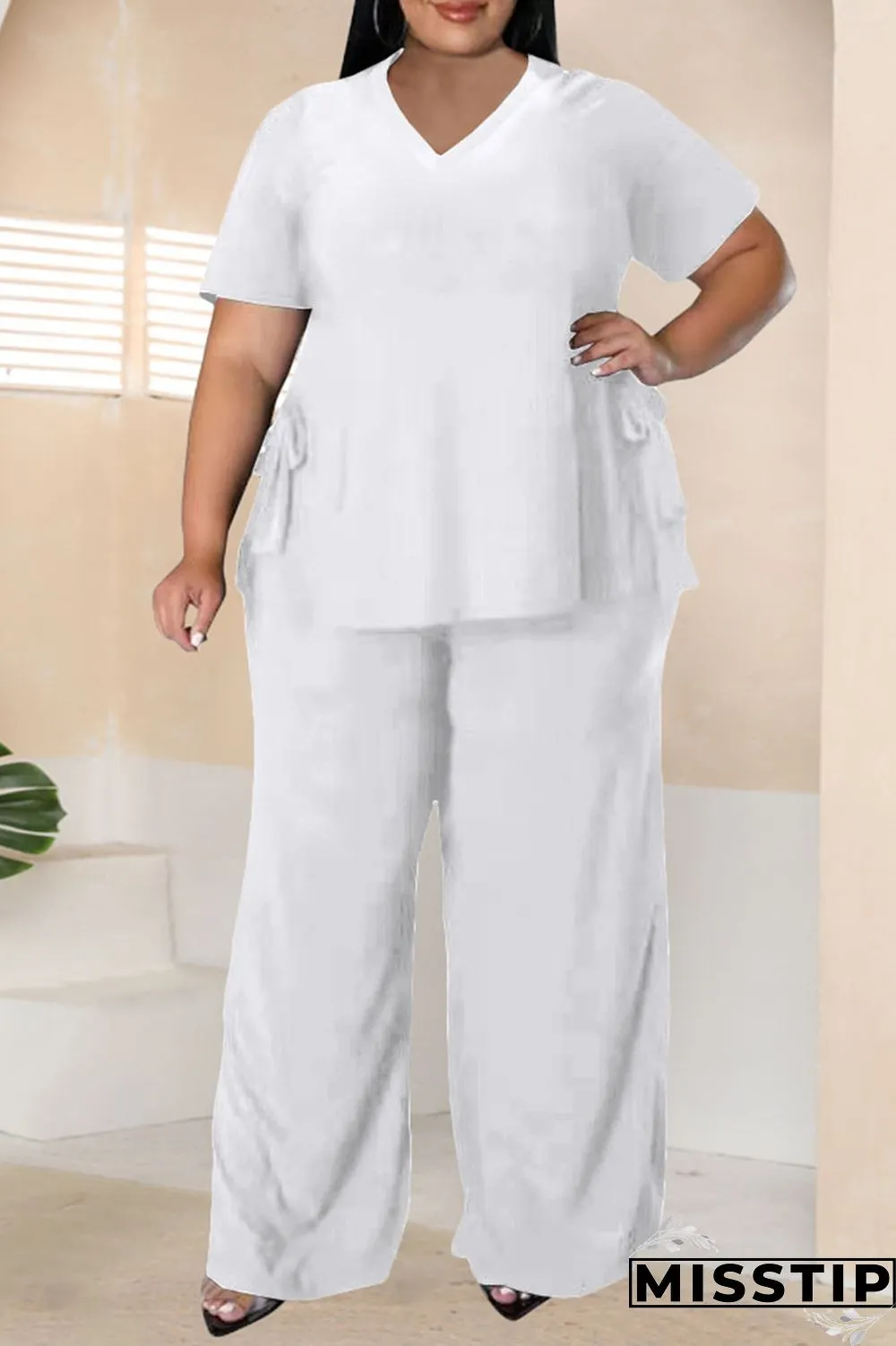 Burgundy Casual Solid Bandage Patchwork Slit V Neck Plus Size Two Pieces