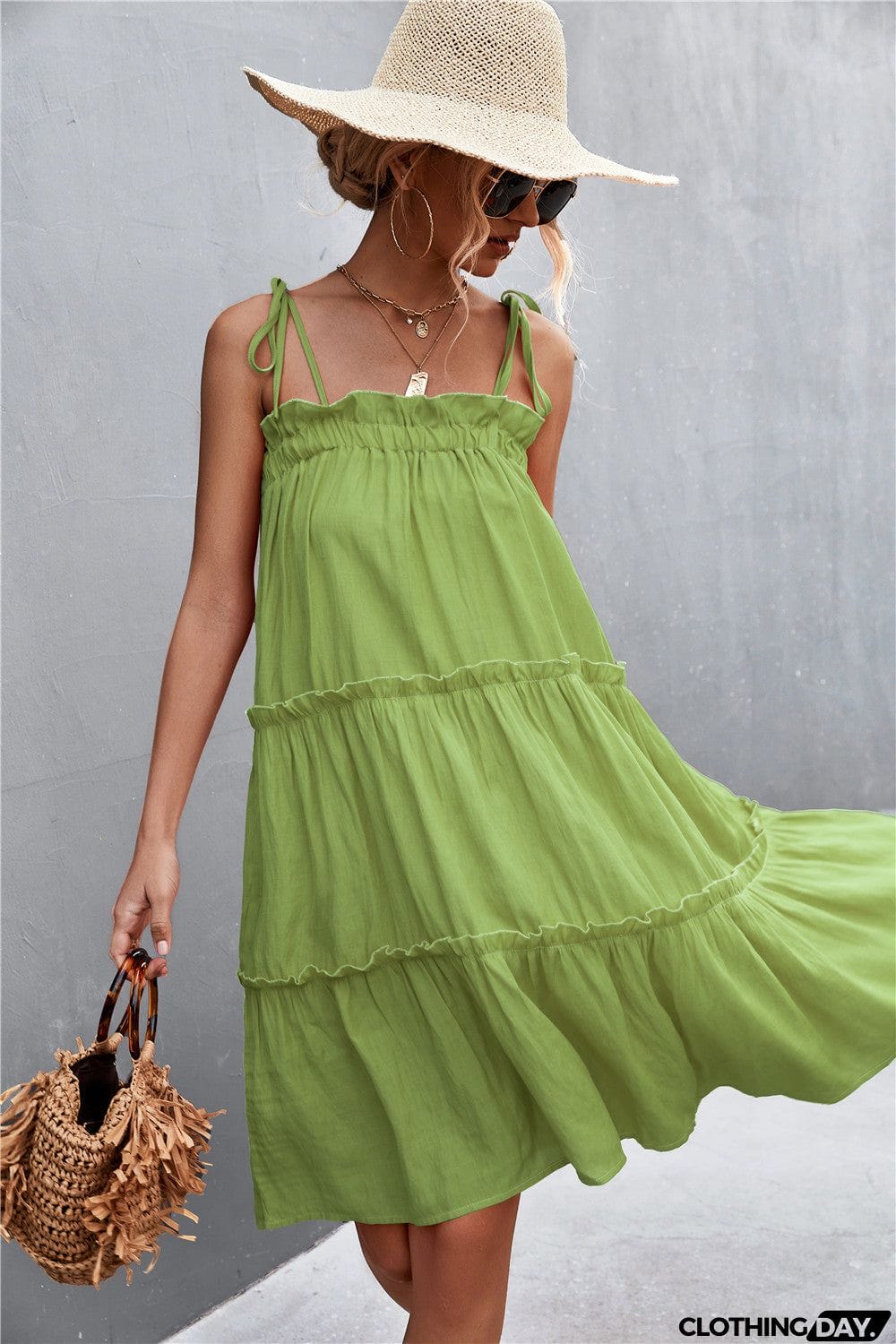 Tie-Shoulder Frill Trim Sleeveless Dress