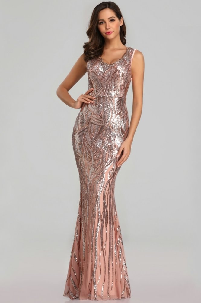 Stunning Sequins Long Evening Dress V-neck Mermaid Prom Dresses With Beadings - lulusllly