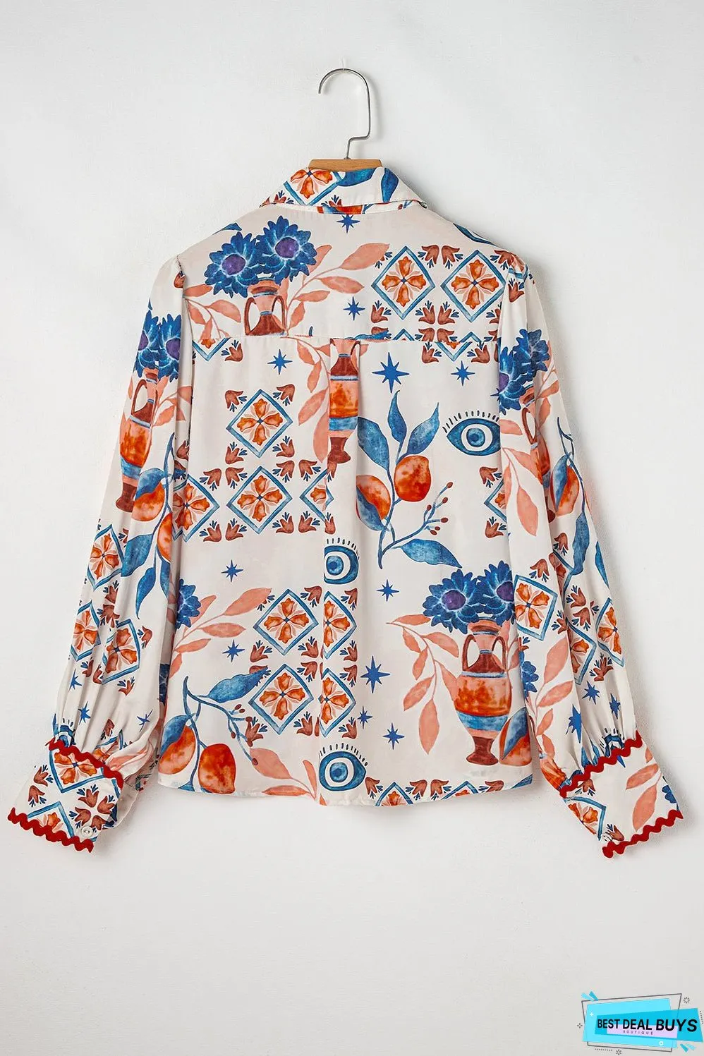 Multicolour Western Printed Ric Rac Bishop Sleeve Button Up Shirt