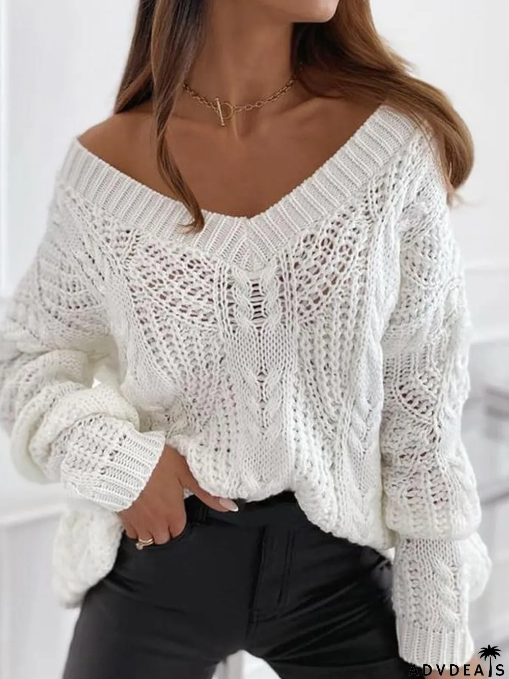 Women's Knitted V-neck Long Sleeve Sweater Top