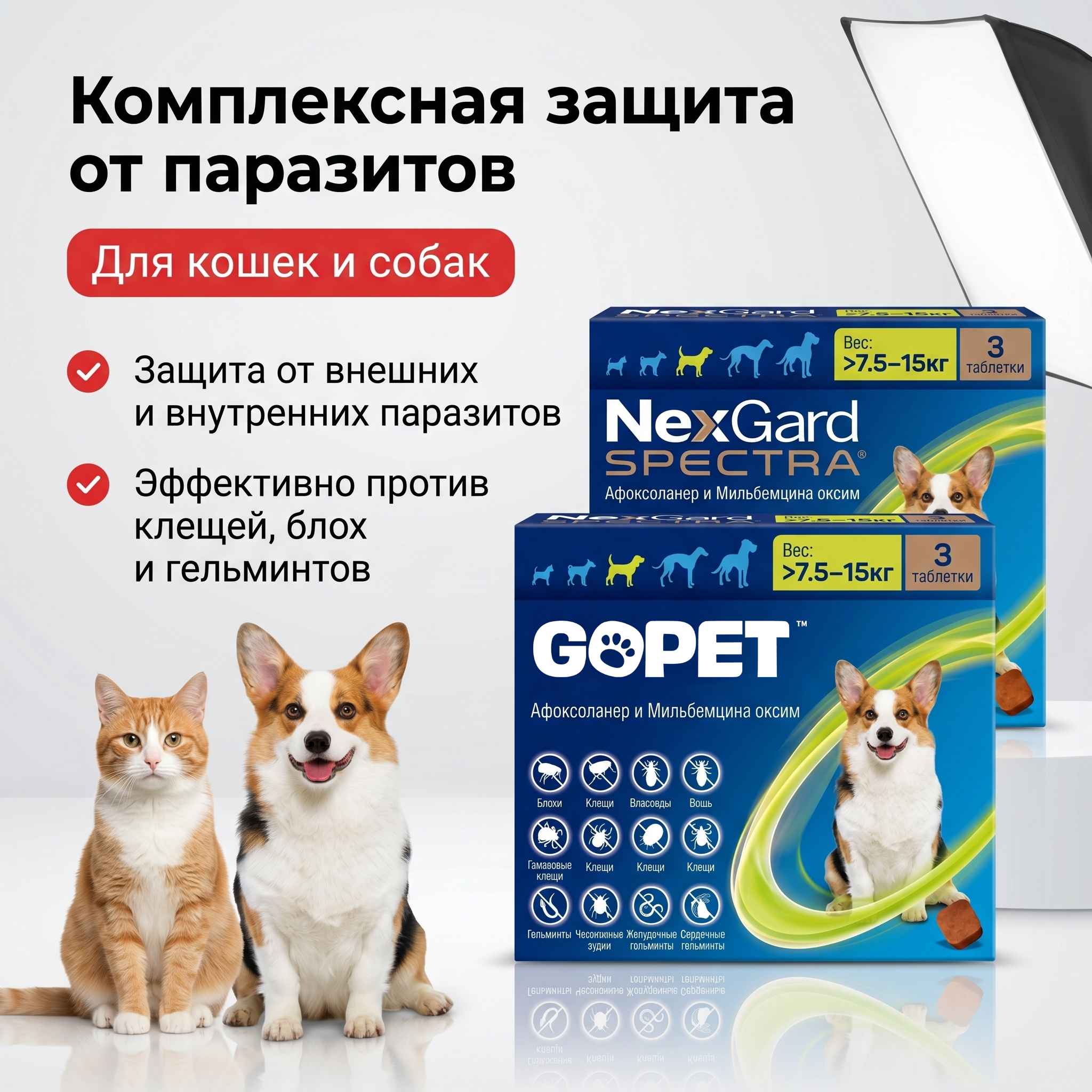 GOPET&reg; 3 штуки надежного средства для профилактики и лечения гельминтов у собак, среднего и мелкого размера, комплексное наружное средство от глистов для терьеров XS/M/L
