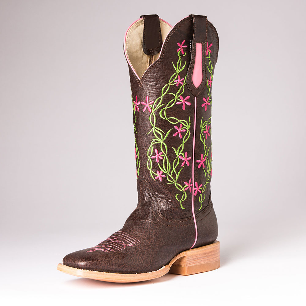 Brown Floral Embroidered Square Toe Low Heel Mid-Calf Cowgirl Boots Nicepairs