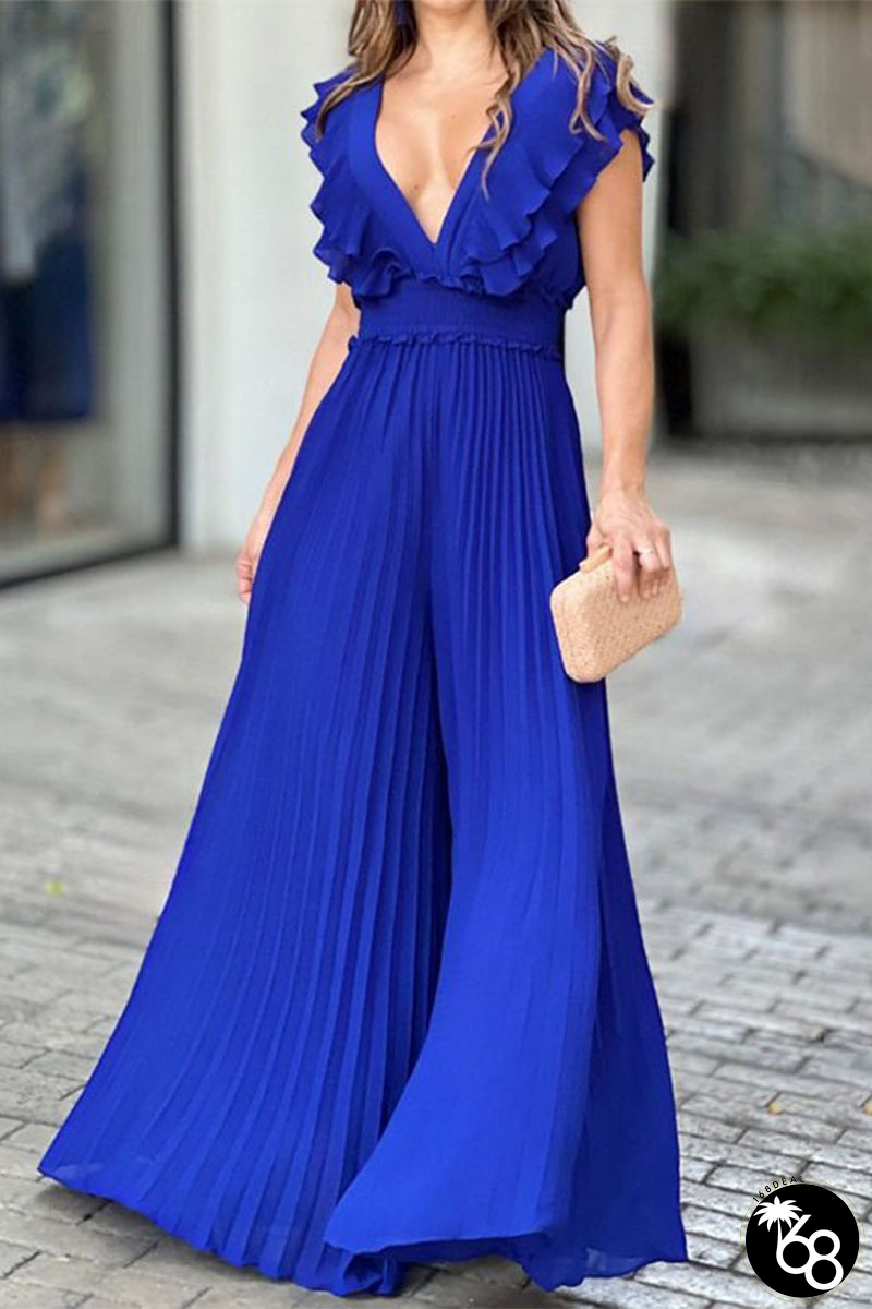 Sexy Solid Flounce Fold V Neck Sleeveless Dress Dresses | 168DEAL