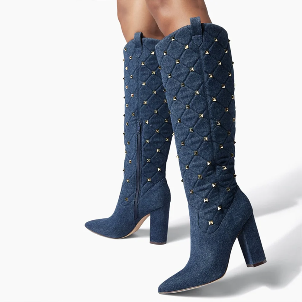 Blue Pointed Toe Boots Rivet Decor Chunky Heels Nicepairs