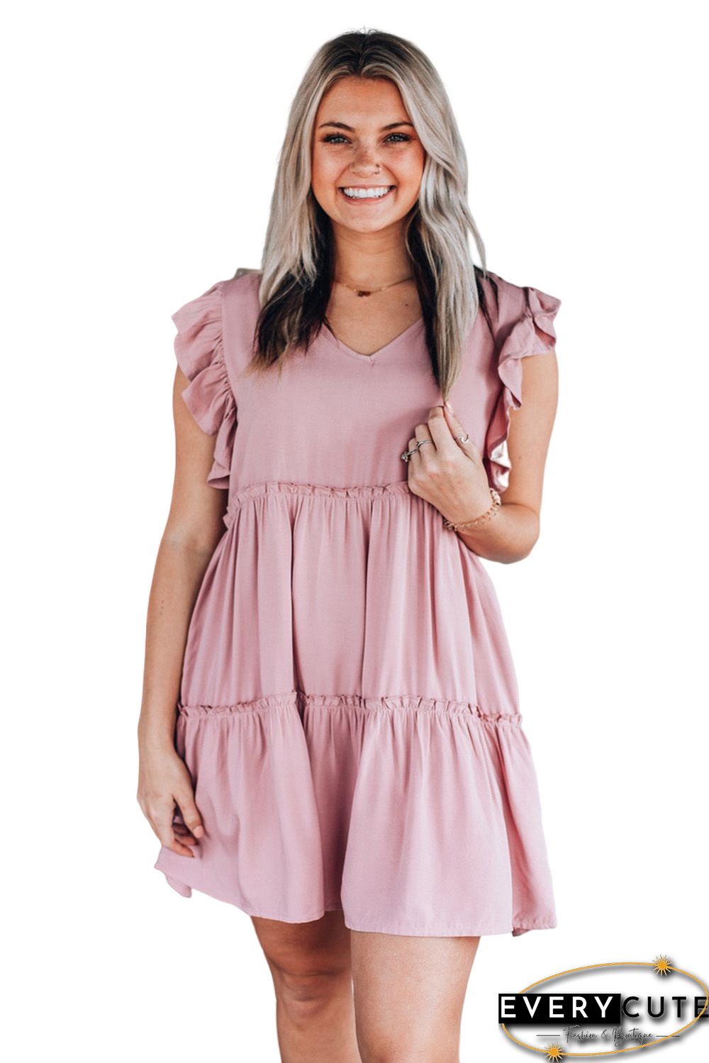 Pink Ruffle Trim Sleeveless A-line Mini Dress