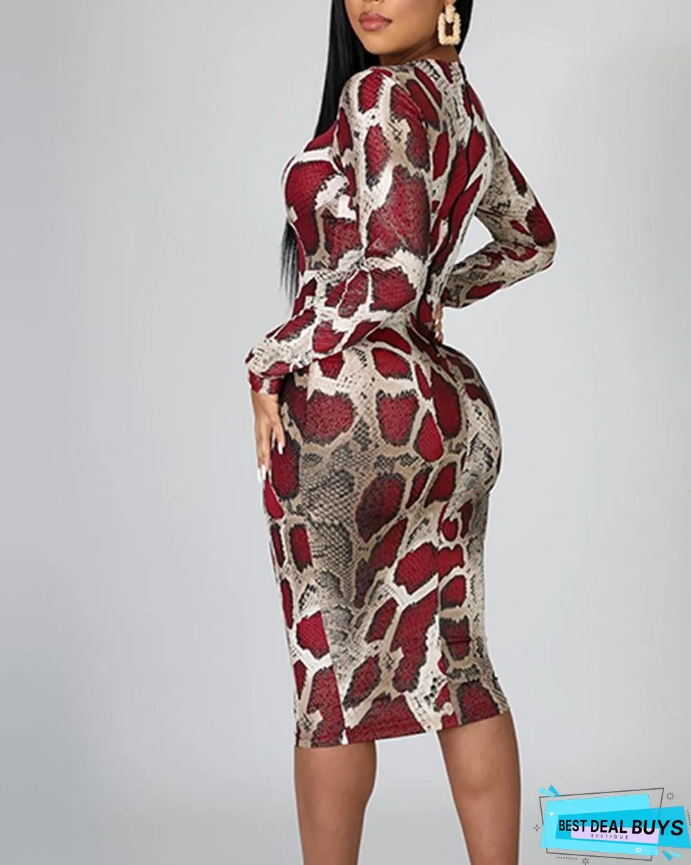 Snake Print Mesh Insert Bodycon Dress