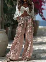 Women's Spring Floral Embroidered Art Print Flowy Linen Blend Casual Pants - Image 3