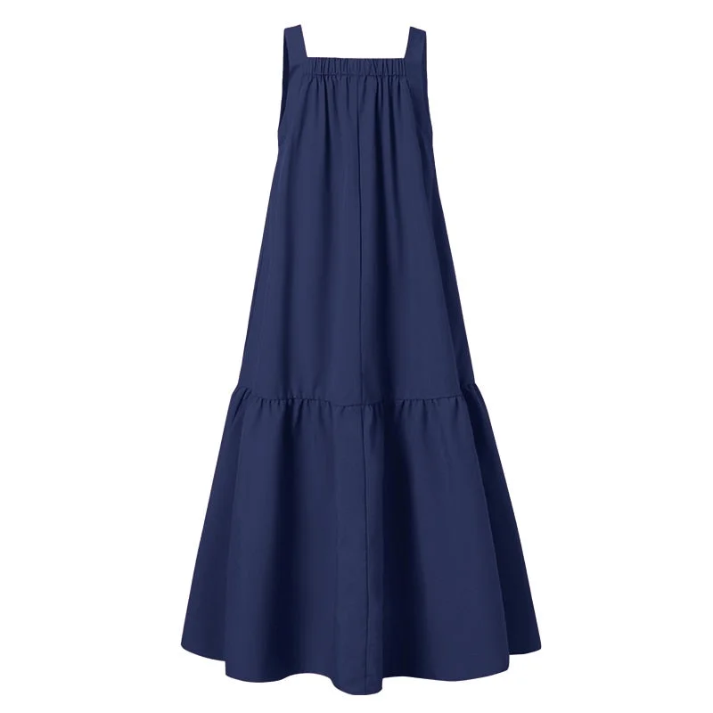 ZANZEA Solid A Line Robe 2021 Summer Sling Vestidos Beach Holiday Ruffle Dresses  Womens Fashion Sleeveless Maxi Dress