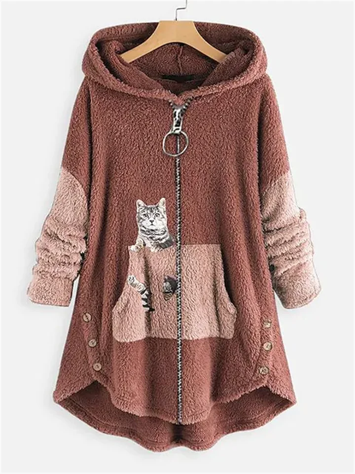 Women's Hoodie Sweatshirt Pullover Pullover Sherpa Fleece Teddy Zip Up Front Pocket Pink Green Dark Grey Cat Street Hoodie Long Sleeve Fleece-Mixcun