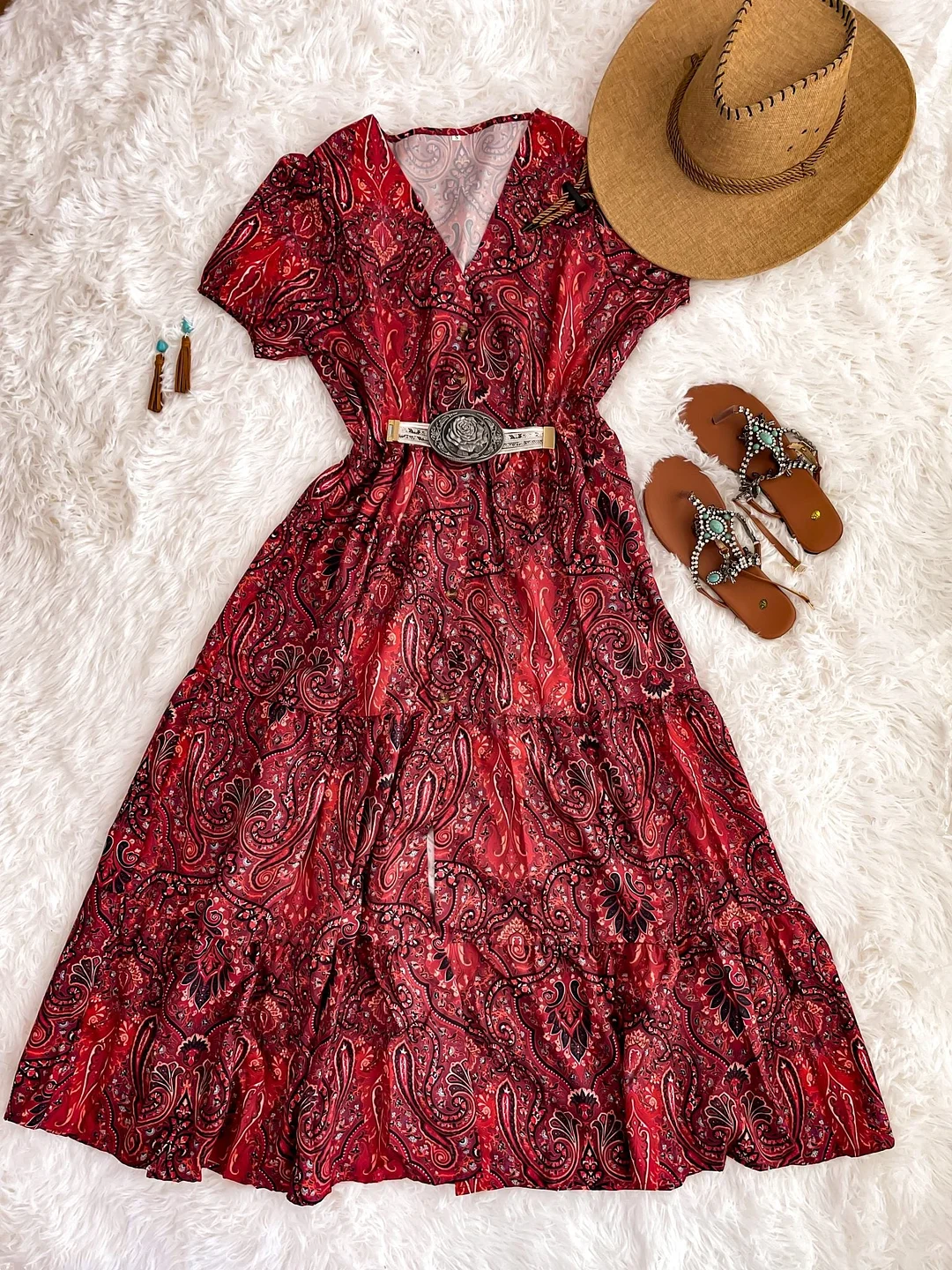 Sexy Printed V-neck Short Sleeve Bohemian Holiday Dress Without Belt