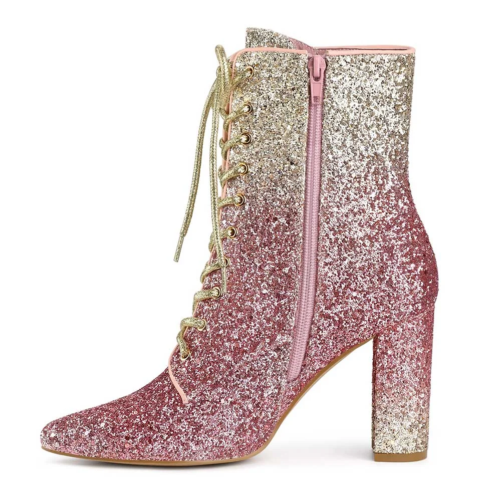 Pink & Gold Pointed Toe Chunky Heel Side Zip Lace Up Booties for Women