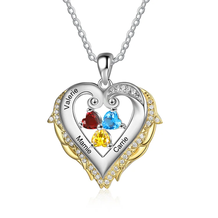 Heart Angel Wings Necklace Custom 3 Birthstones Gifts for Her