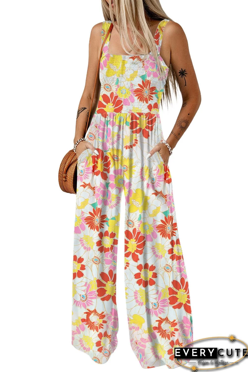 Multicolor Floral Print Shirred Sleeveless Wide Leg Jumpsuit