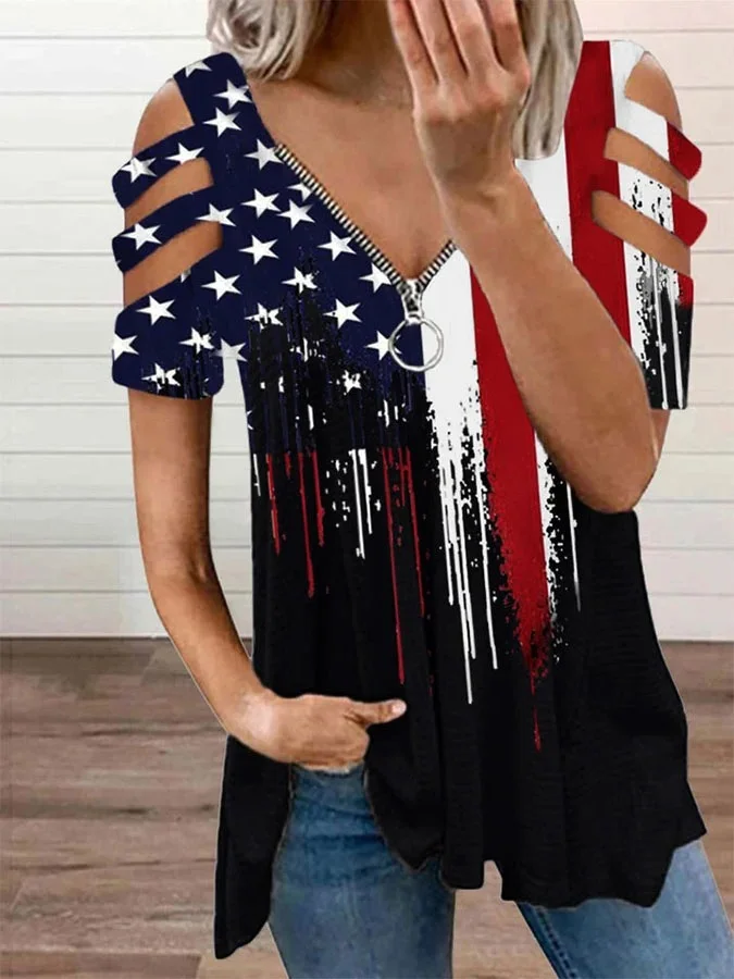 Stars And Stripes Print Off-The-Shoulder T-Shirt