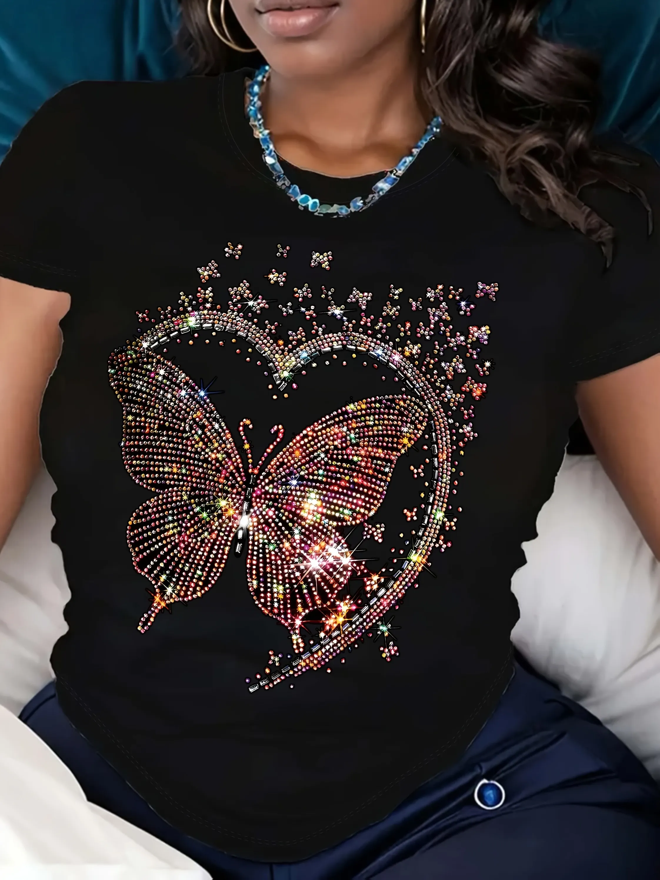 Sparkling Butterfly Heart Print T-Shirt Casual Short Sleeve Crew Neck Top Vibrant Pink | IFYHOME