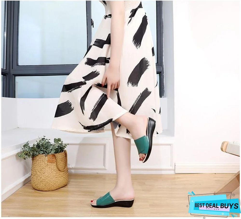 Women Genuine Leather Flip Flops Wedges Platform Sandals Shoes