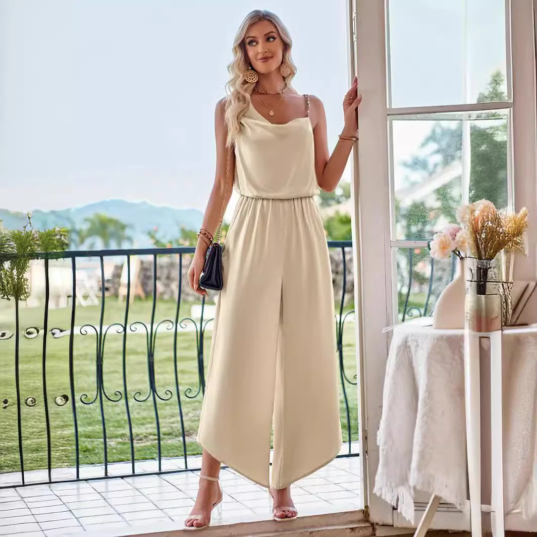 Woherb Woherb Fashion Casual Women's 2024 New Solid Color Sling Waist Wide Leg Jumpband-Outfit Ideas